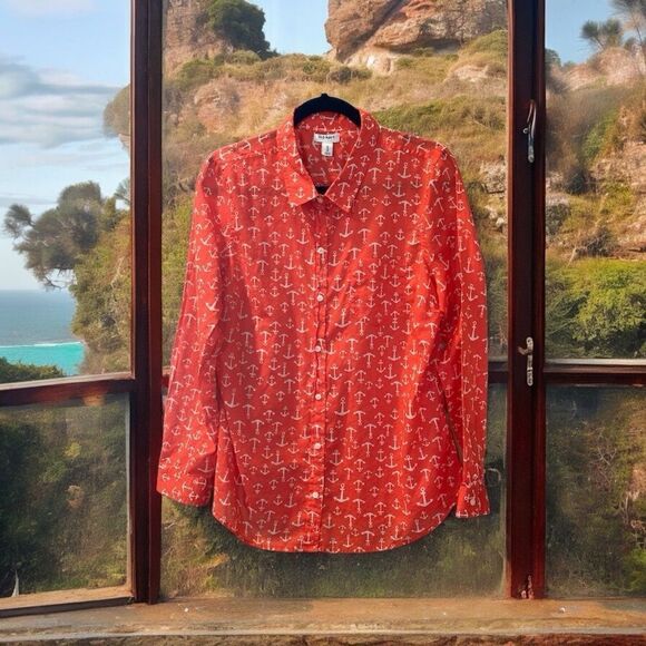Old Navy Button-Up Red Anchor Print Collared Long Sleeves necklace included - Picture 5 of 11